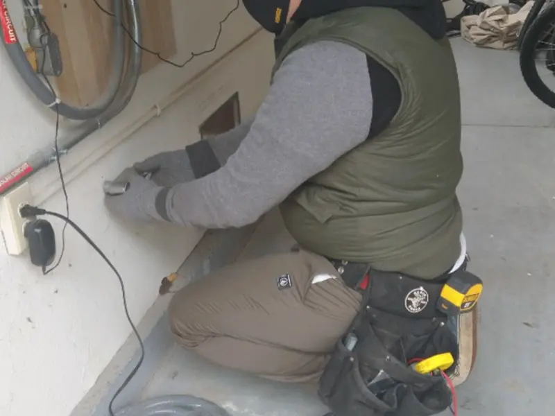 Electrician performing outlet wiring in a Costa Mesa garage